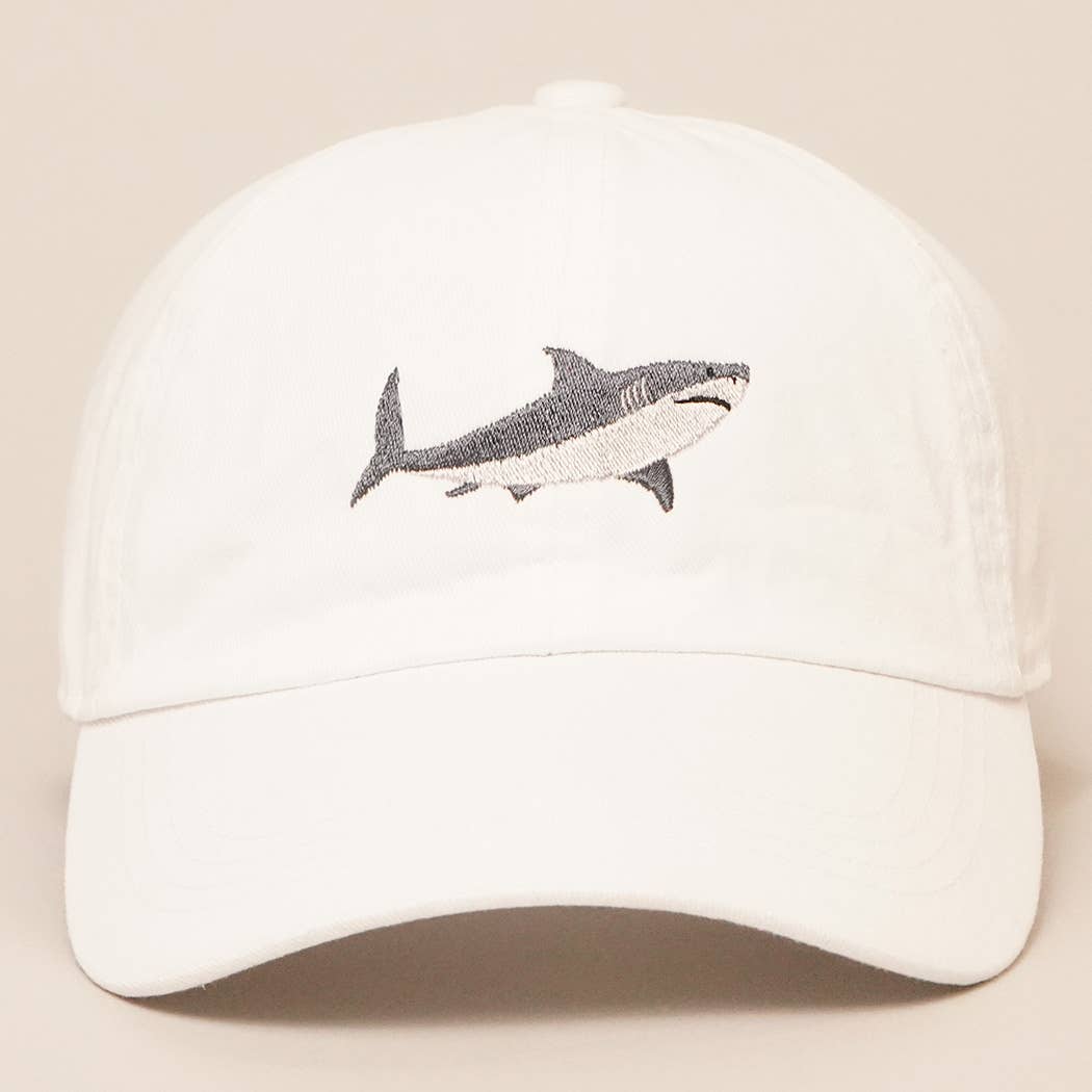 Shark Embroidered Cotton Baseball Dad Cap: WHITE / One Size