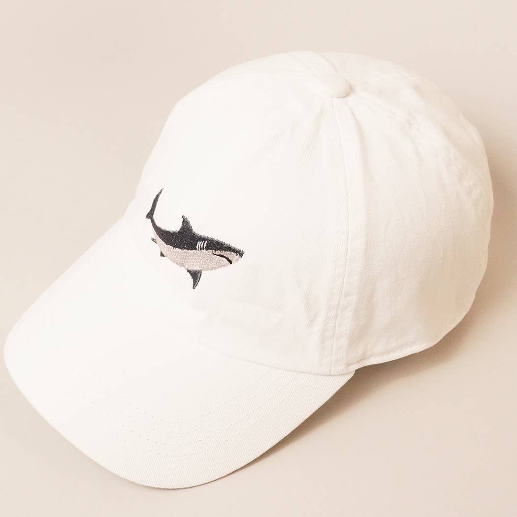 Shark Embroidered Cotton Baseball Dad Cap: WHITE / One Size