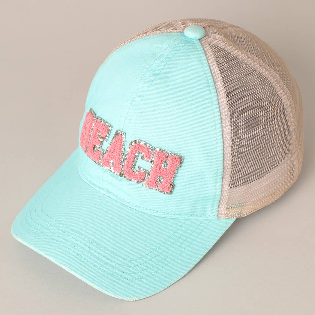 BEACH Chenille Letter Patch Mesh Back Baseball Cap: DUSTY PINK / One Size