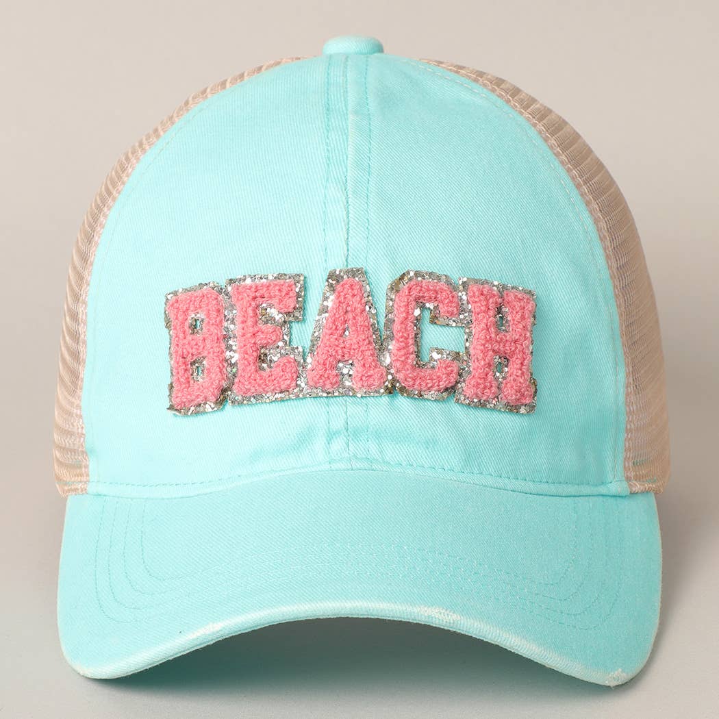BEACH Chenille Letter Patch Mesh Back Baseball Cap: DUSTY PINK / One Size