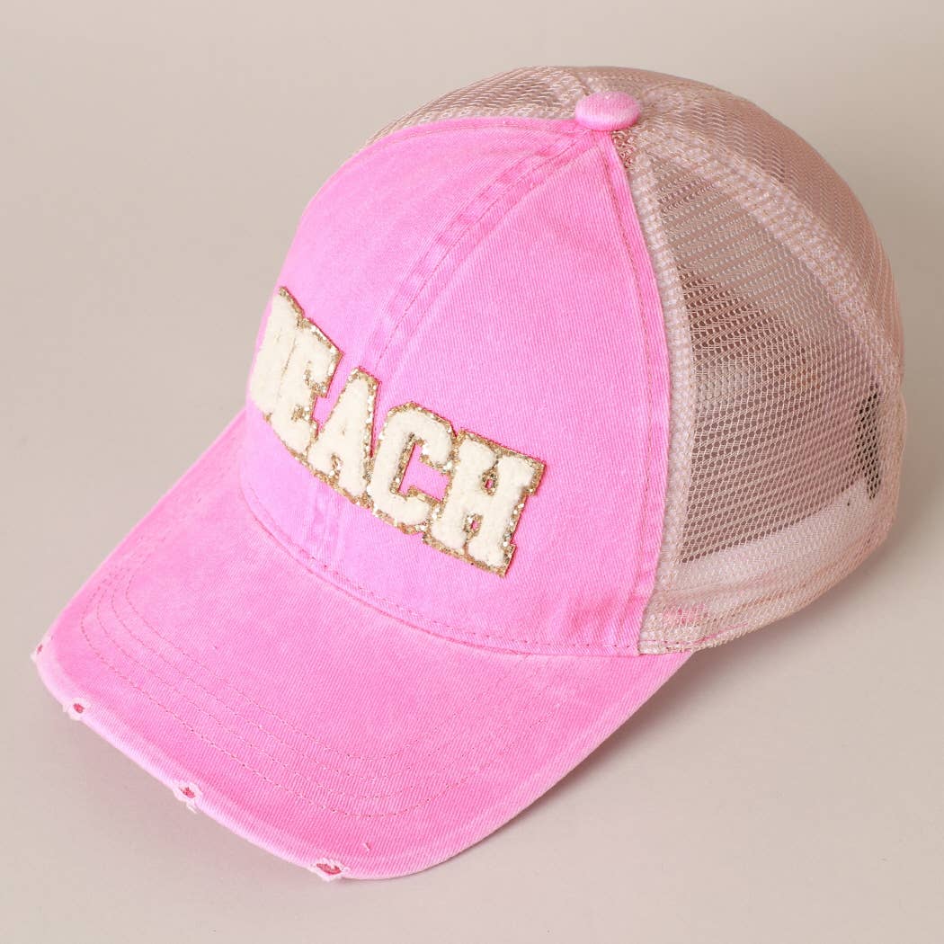 BEACH Chenille Letter Patch Mesh Back Baseball Cap: DUSTY PINK / One Size