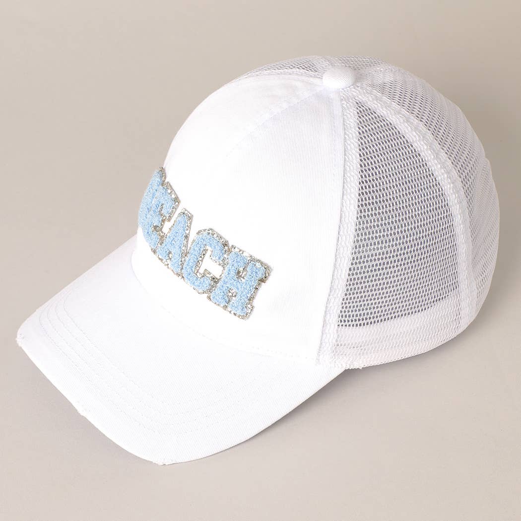 BEACH Chenille Letter Patch Mesh Back Baseball Cap: DUSTY PINK / One Size