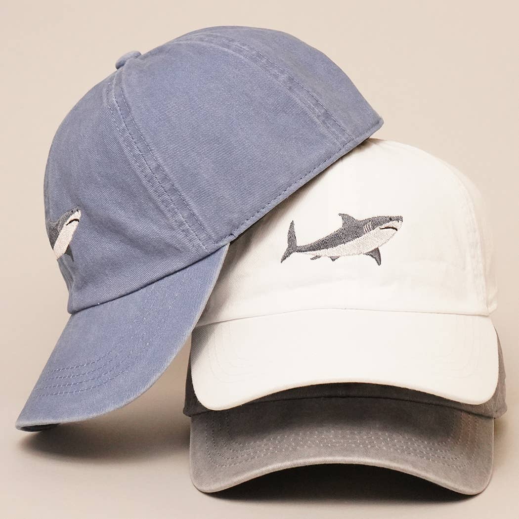 Shark Embroidered Cotton Baseball Dad Cap: WHITE / One Size