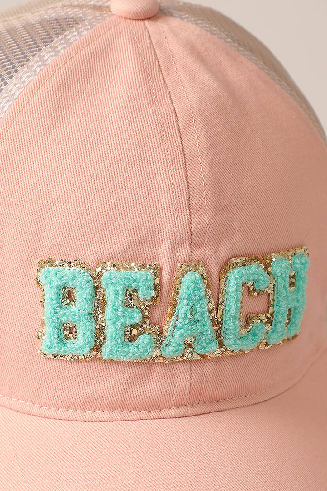 BEACH Chenille Letter Patch Mesh Back Baseball Cap: DUSTY PINK / One Size