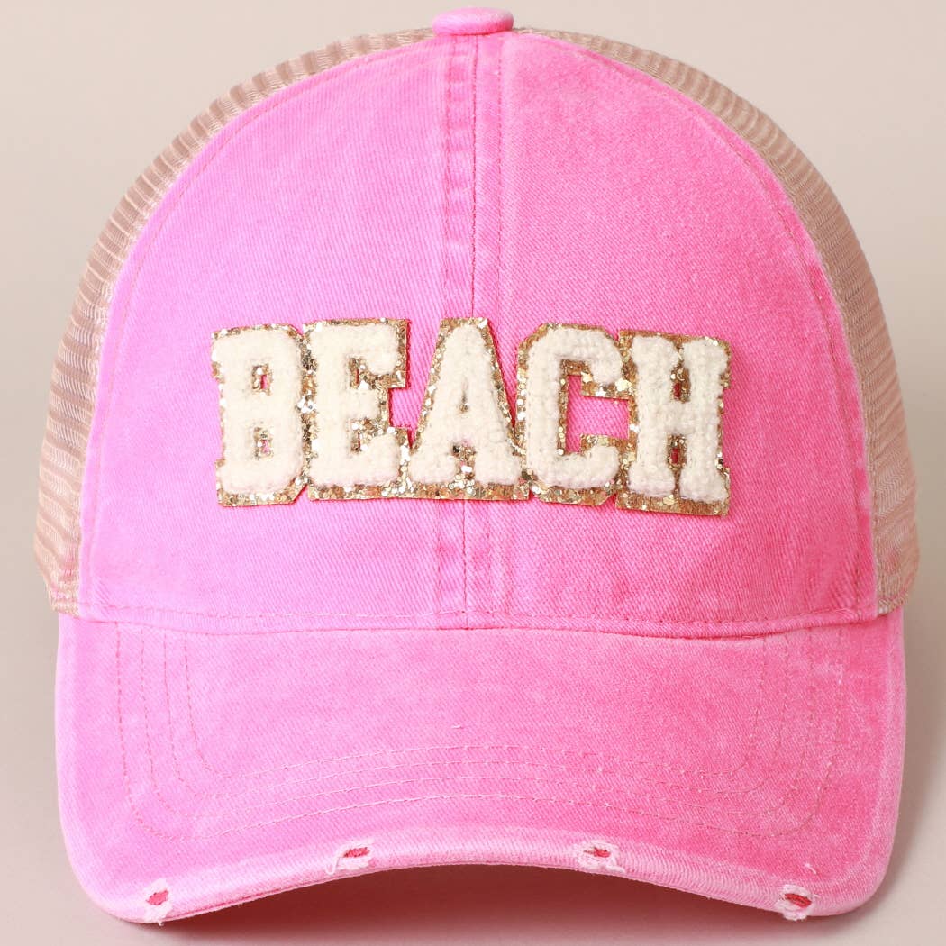 BEACH Chenille Letter Patch Mesh Back Baseball Cap: DUSTY PINK / One Size