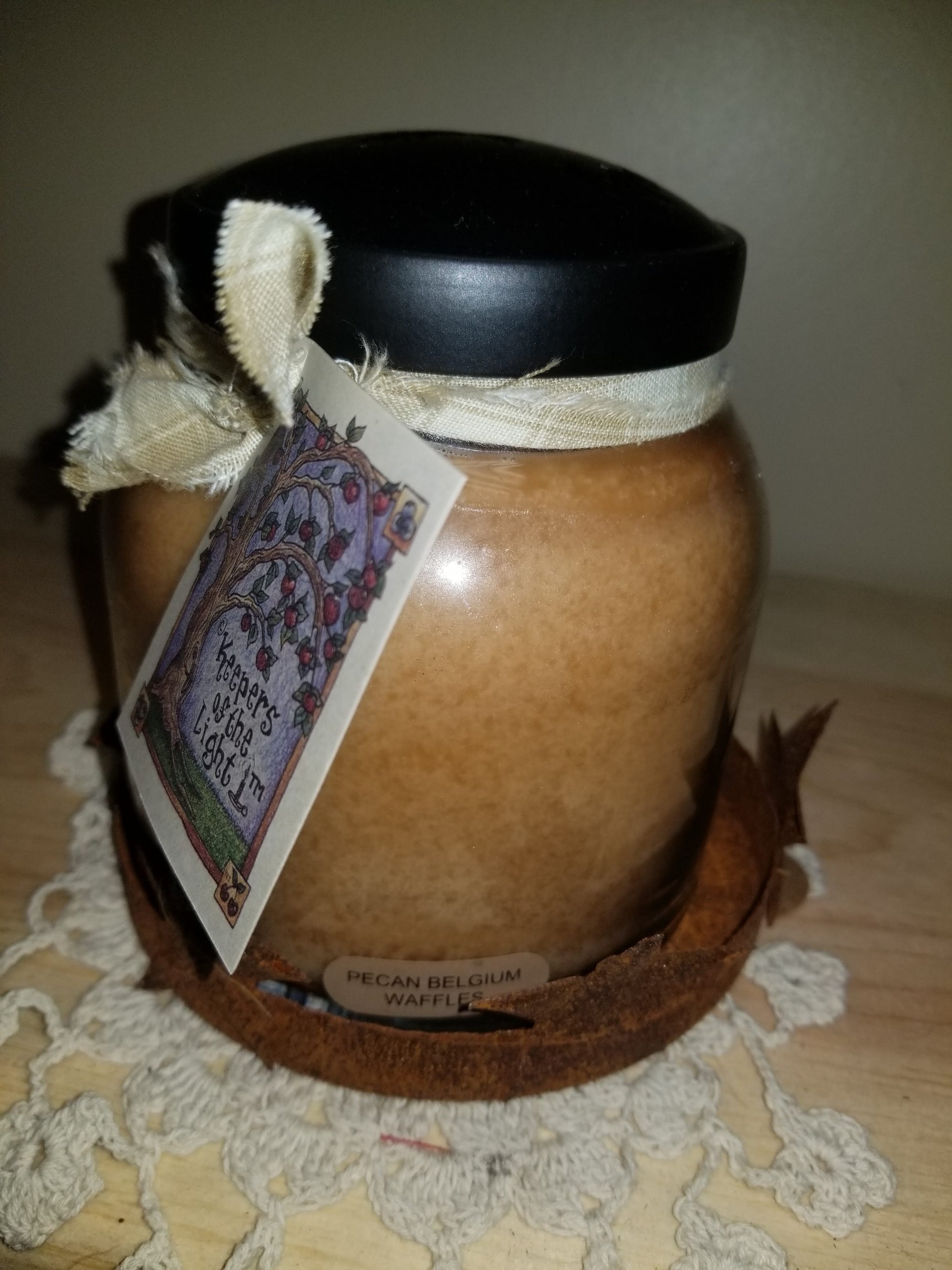 Pecan Belgium Waffles 34-ounce Papa jar candle burns for approximately 155 hours.