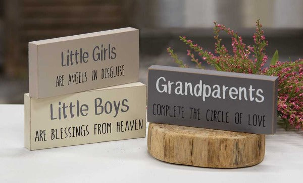 Farmhouse colors: Pewter (charcoal gray), Stoneware (gray/beige), and Soft White (ivory).  The blocks read:  Little boys are blessings from heaven Little girls are angels in disguise Grandchildren complete the circle of love