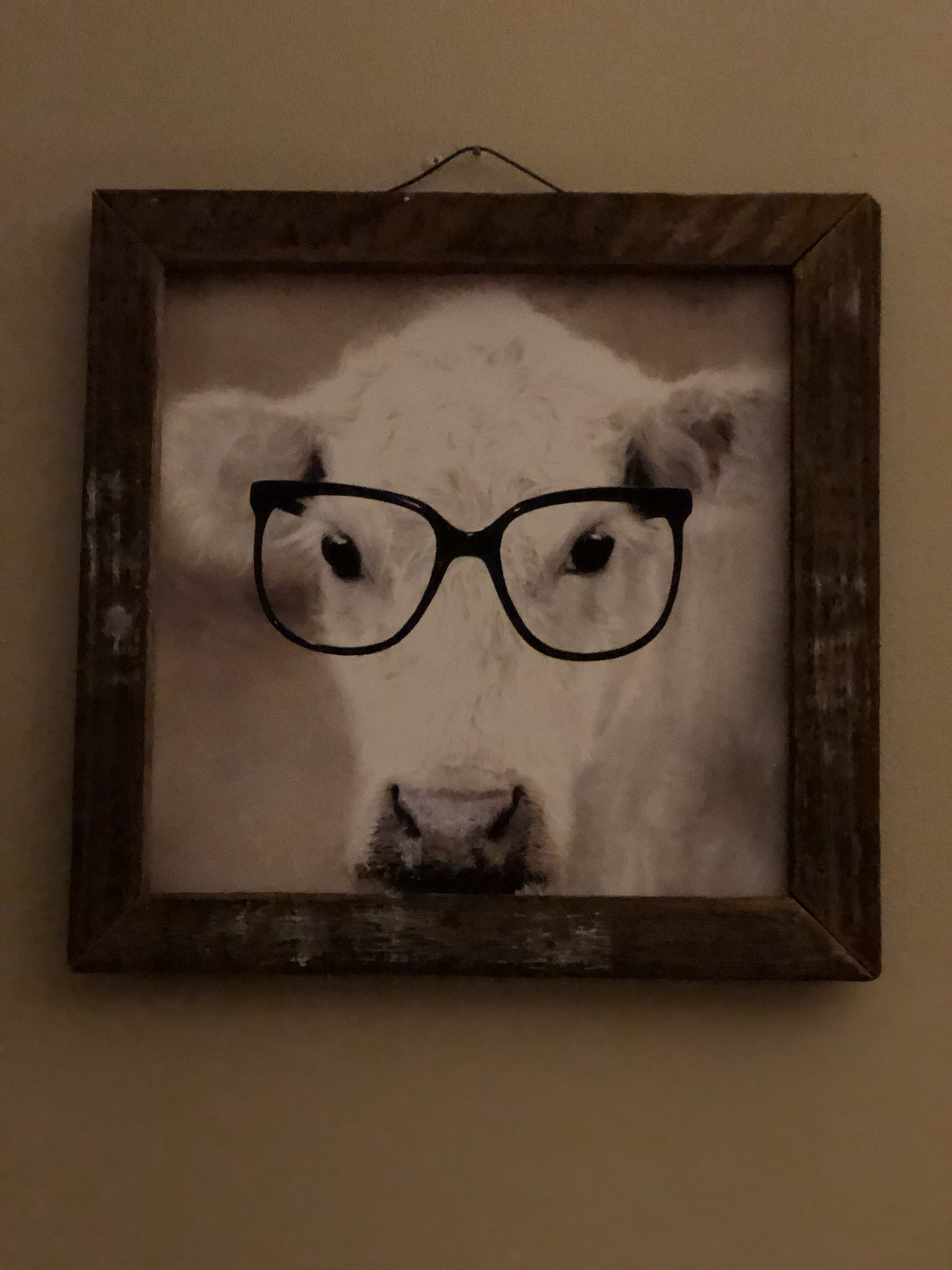 This is a fun print of a milky white cow wearing big black oversized glasses. finished with tobacco lath frame