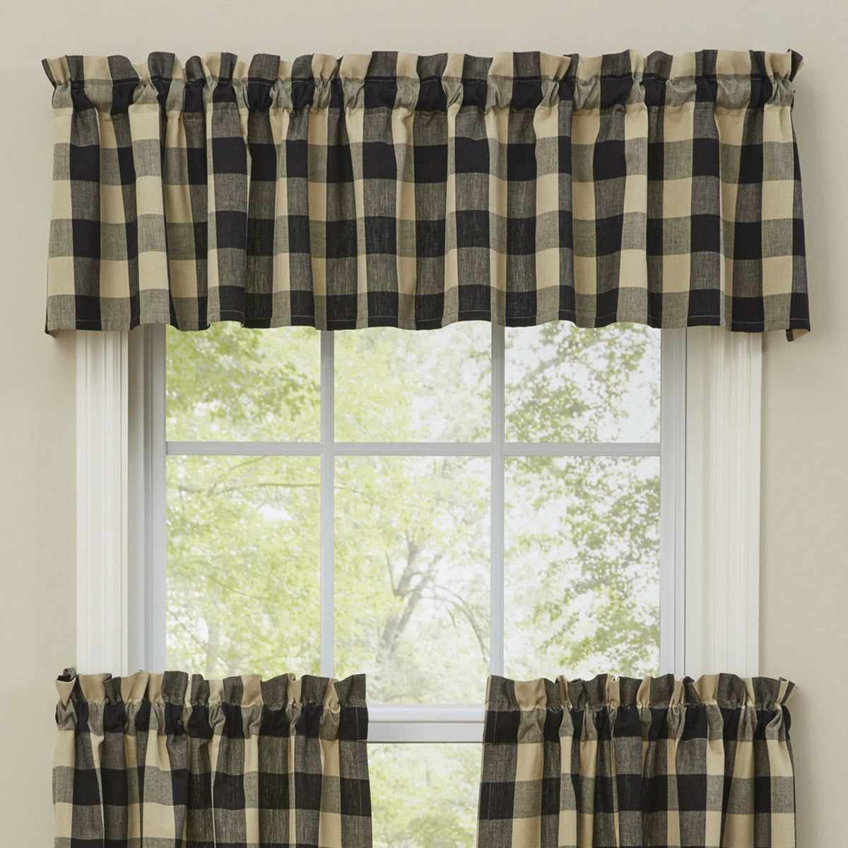 Sporting a warm tan & black traditional check pattern, this unassuming design is both pretty and practical! They come unlined to allow soft light to filter through!