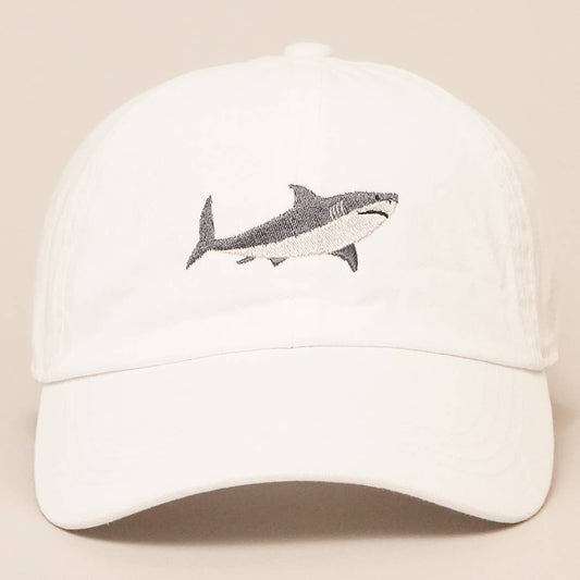 Shark Embroidered Cotton Baseball Dad Cap: WHITE / One Size