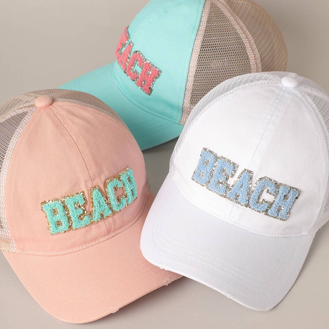 BEACH Chenille Letter Patch Mesh Back Baseball Cap: DUSTY PINK / One Size