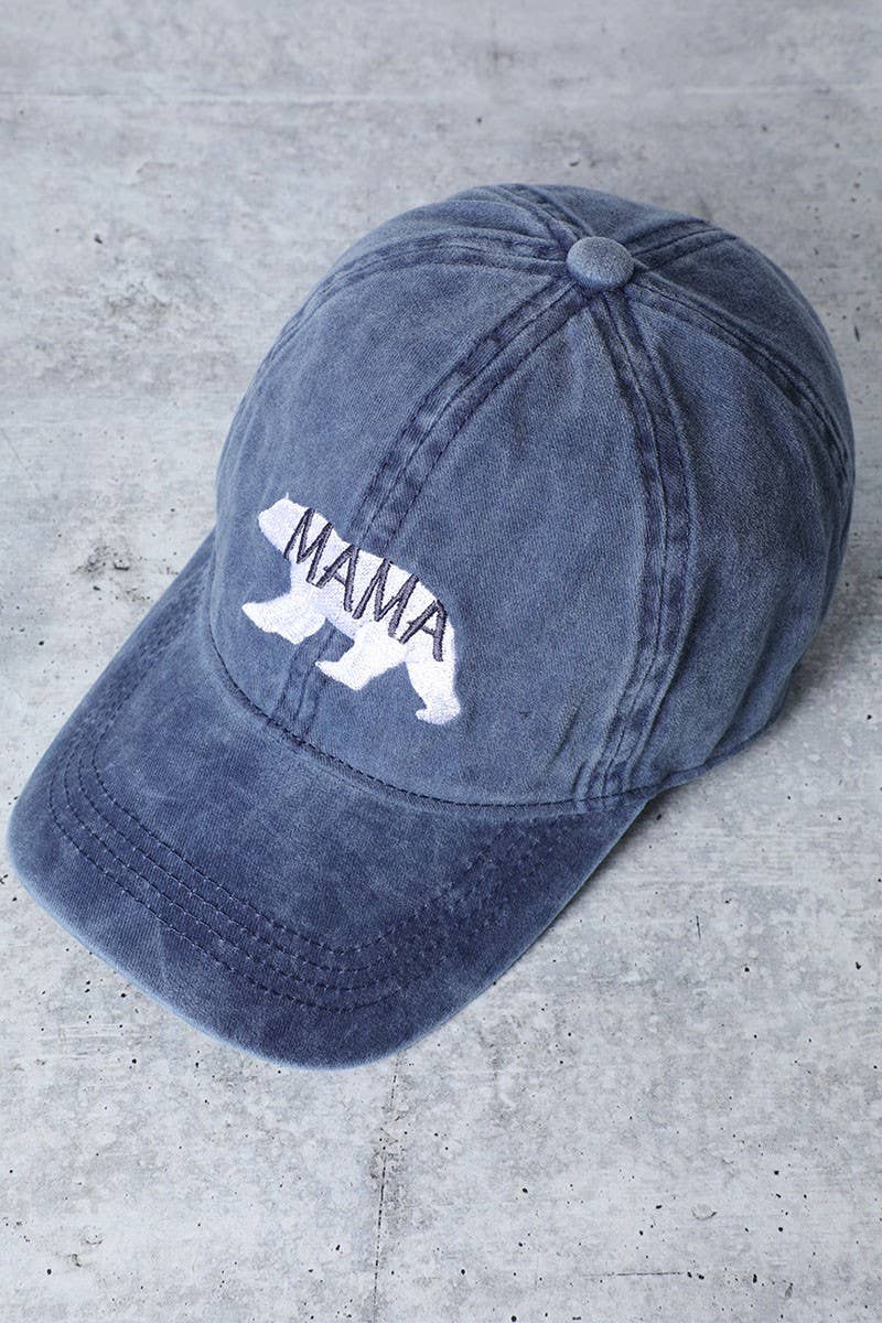 Mama Bear Embroidery Washed Cotton Baseball Cap: DENIM BLUE / One Size