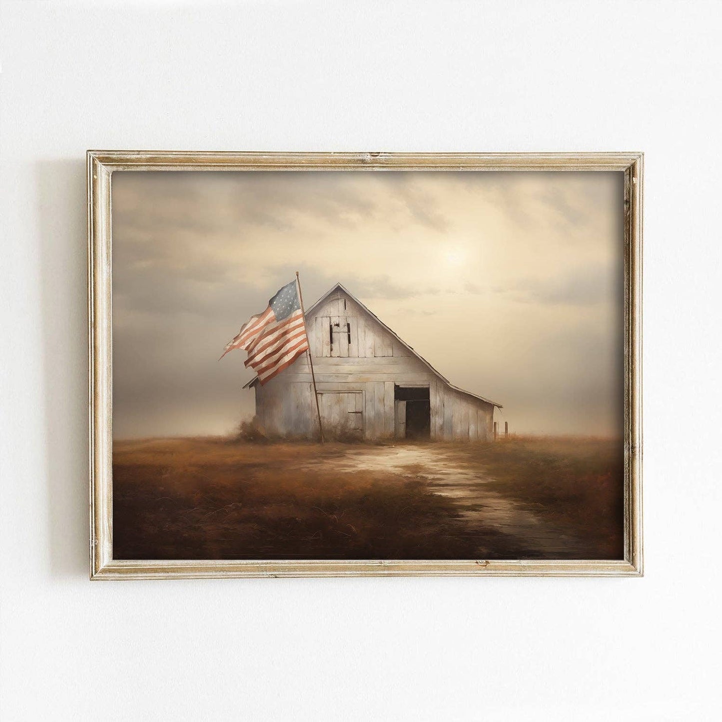 Muted Sunset Barn With American Flag Art Print: 11x14