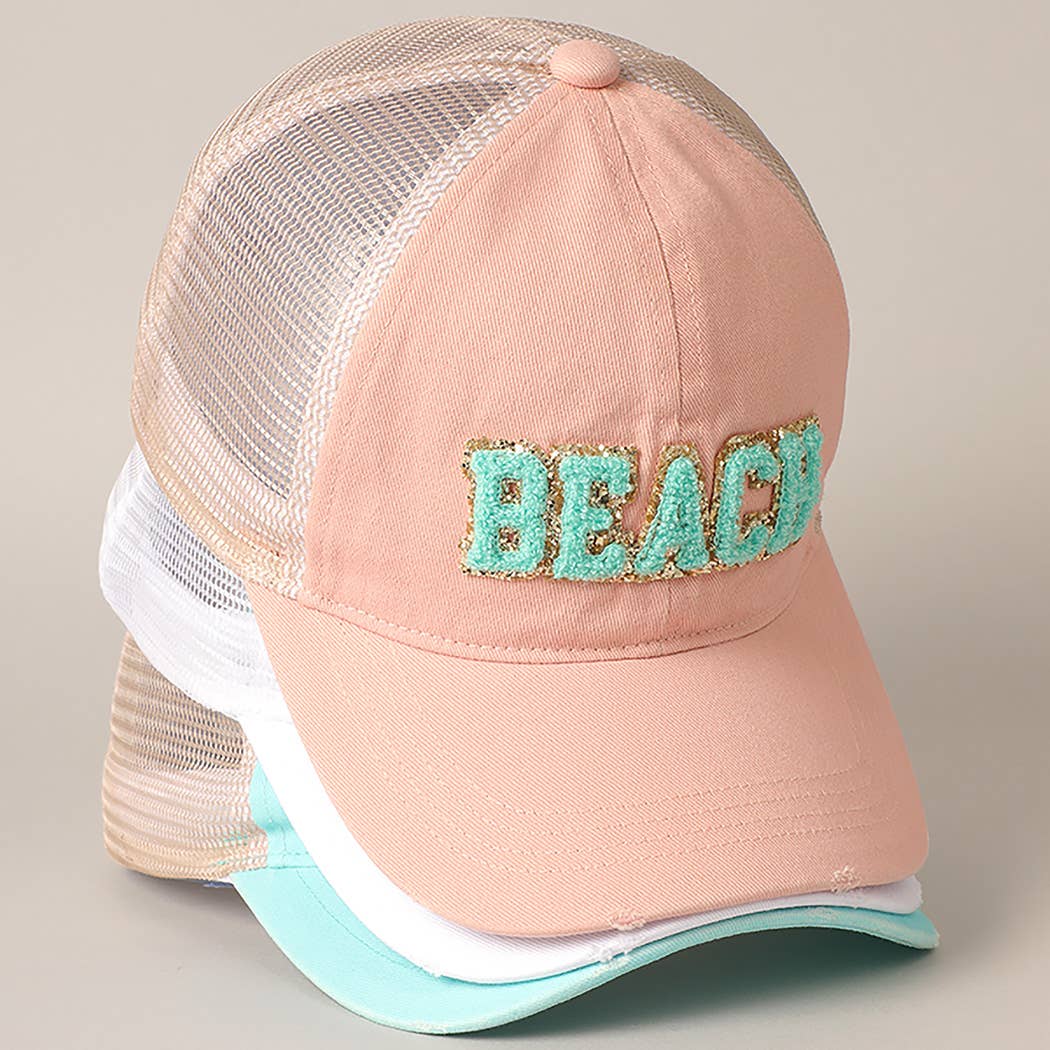 BEACH Chenille Letter Patch Mesh Back Baseball Cap: DUSTY PINK / One Size