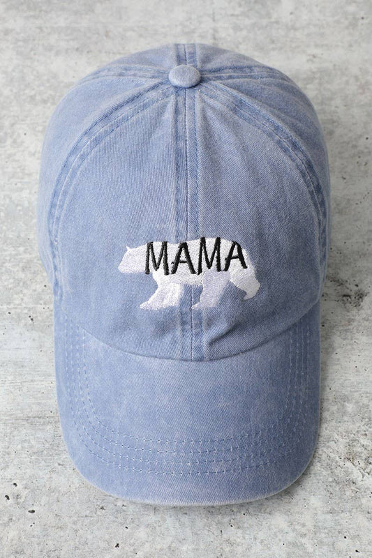 Mama Bear Embroidery Washed Cotton Baseball Cap: DENIM BLUE / One Size