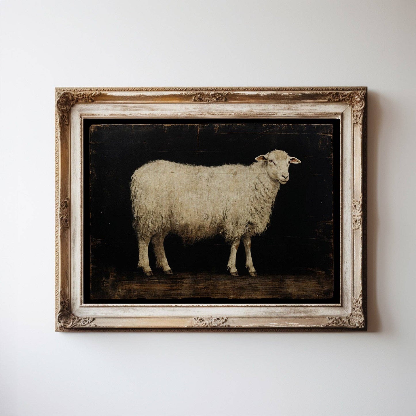 Vintage White Sheep on Black Background Art Print: 8x10