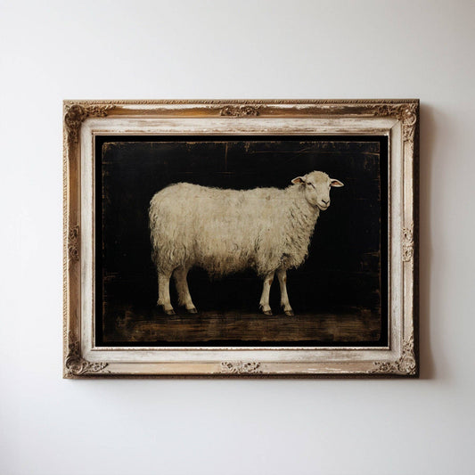 Vintage White Sheep on Black Background Art Print: 8x10