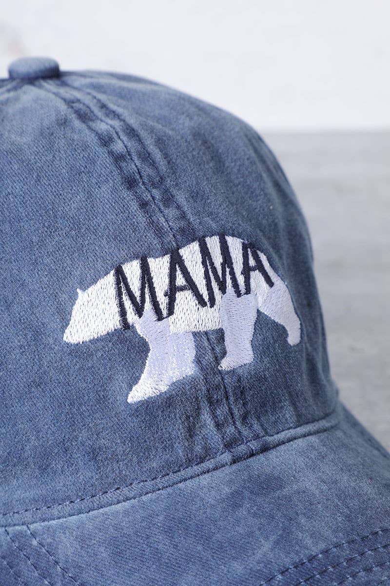 Mama Bear Embroidery Washed Cotton Baseball Cap: DENIM BLUE / One Size