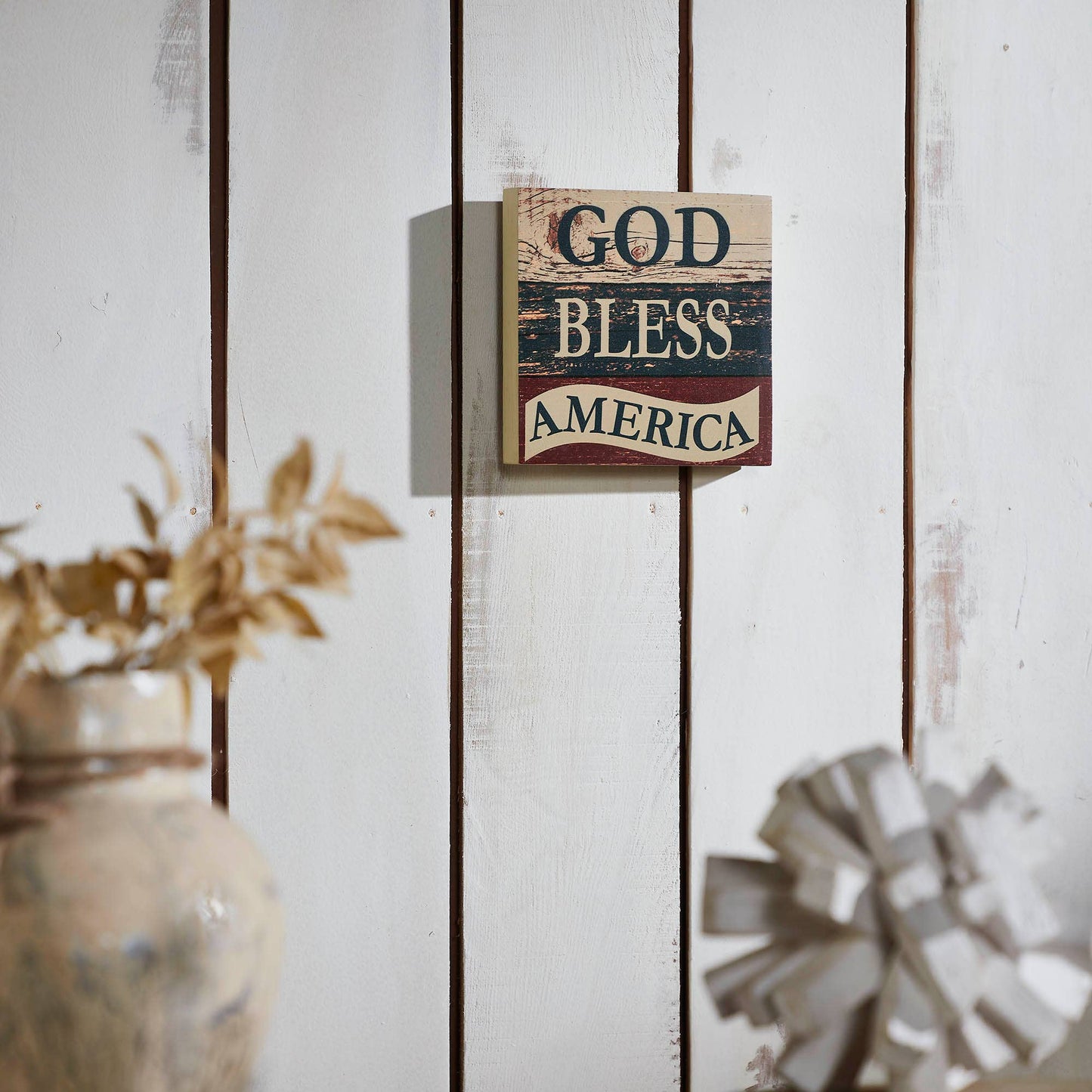 God Bless America White Blue Red MDF Block Sign 6x6x1