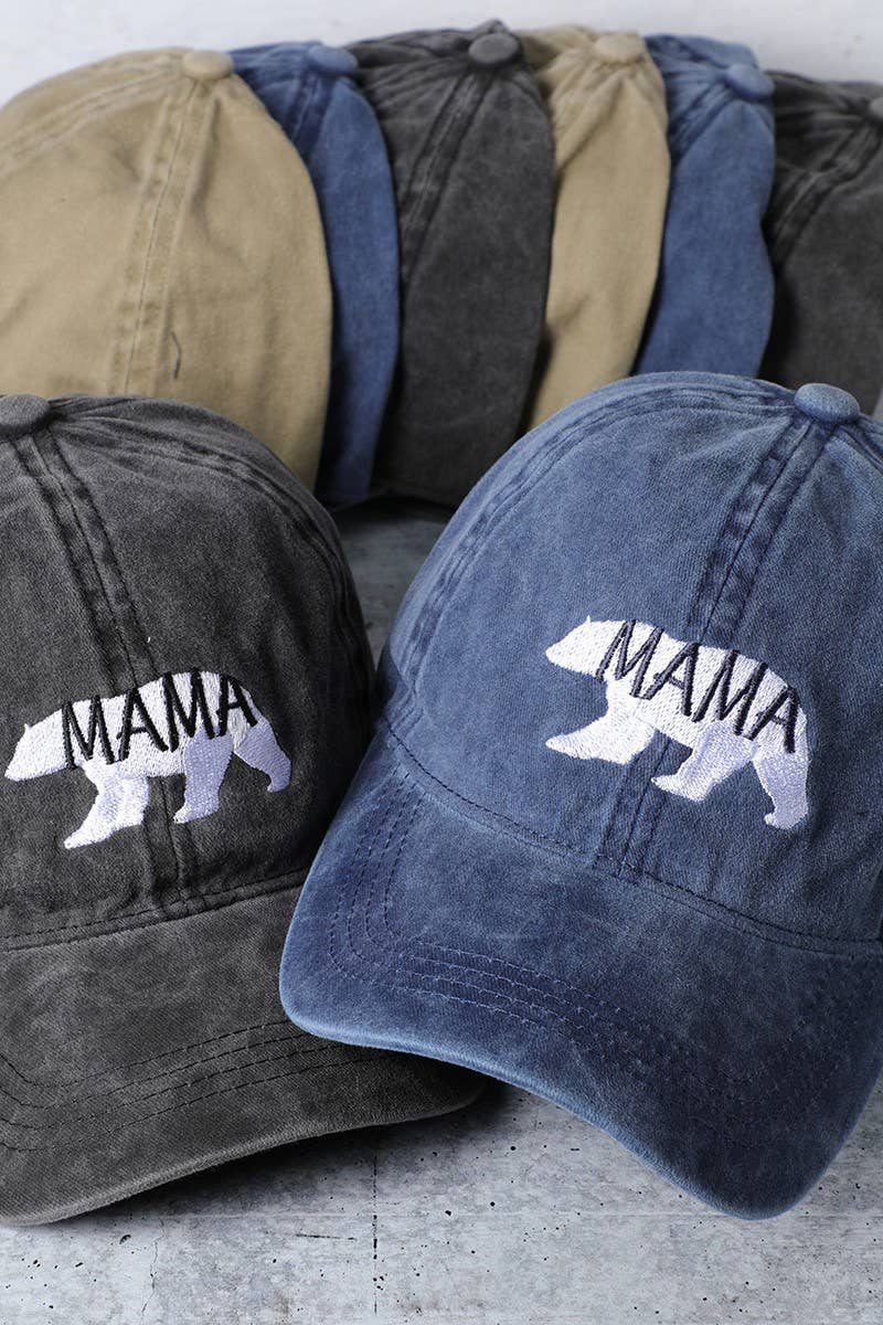 Mama Bear Embroidery Washed Cotton Baseball Cap: DENIM BLUE / One Size