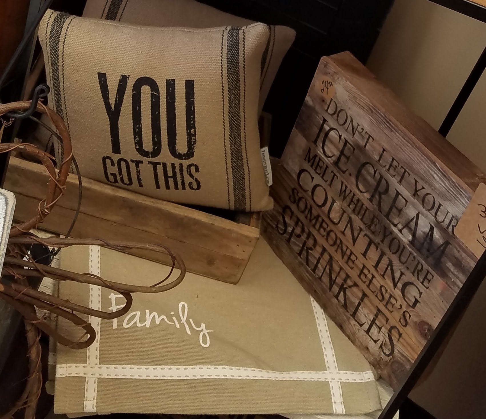 farmhouse table runner that has the word "Gather" on one end and "Family" on the other