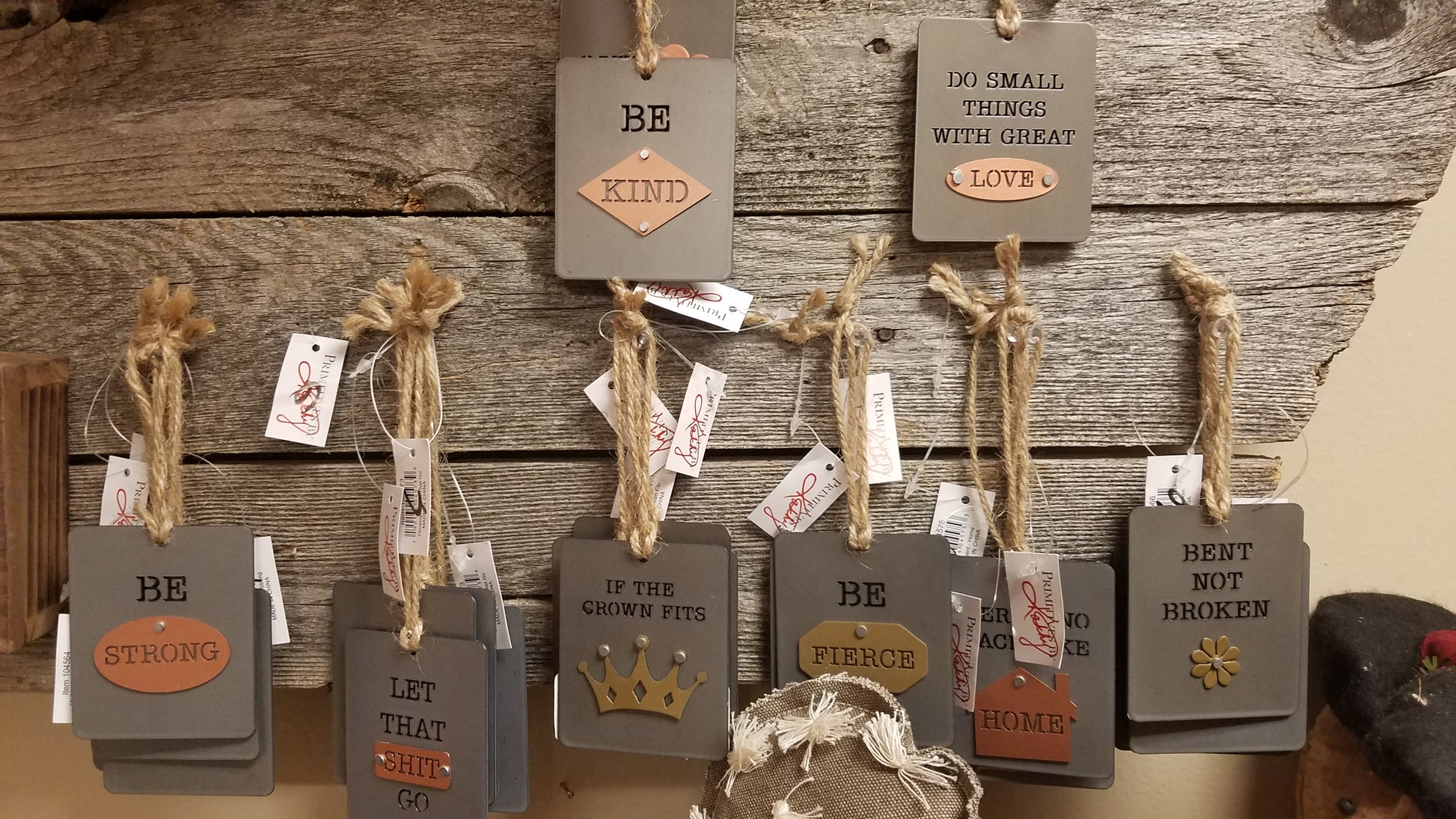 Metal Ornaments with several, short sayings, Photo features the entire collection
