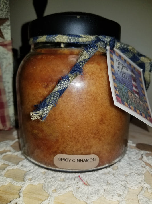 Spicy Cinnamon 34-ounce Papa jar candle burns for approximately 155 hours.