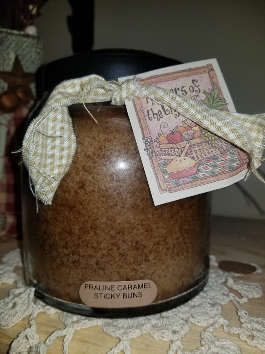 Praline Caramel Sticky Buns 34-ounce Papa jar candle burns for approximately 155 hours.