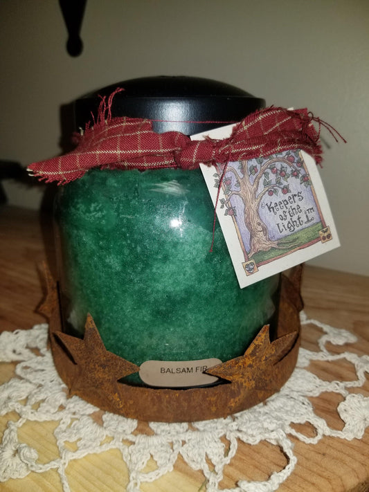 Balsam Fir 34-ounce Papa jar candle burns for approximately 155 hours.