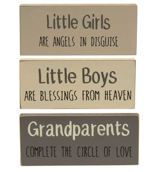 Farmhouse colors: Pewter (charcoal gray), Stoneware (gray/beige), and Soft White (ivory).  The blocks read:  Little boys are blessings from heaven Little girls are angels in disguise Grandchildren complete the circle of love