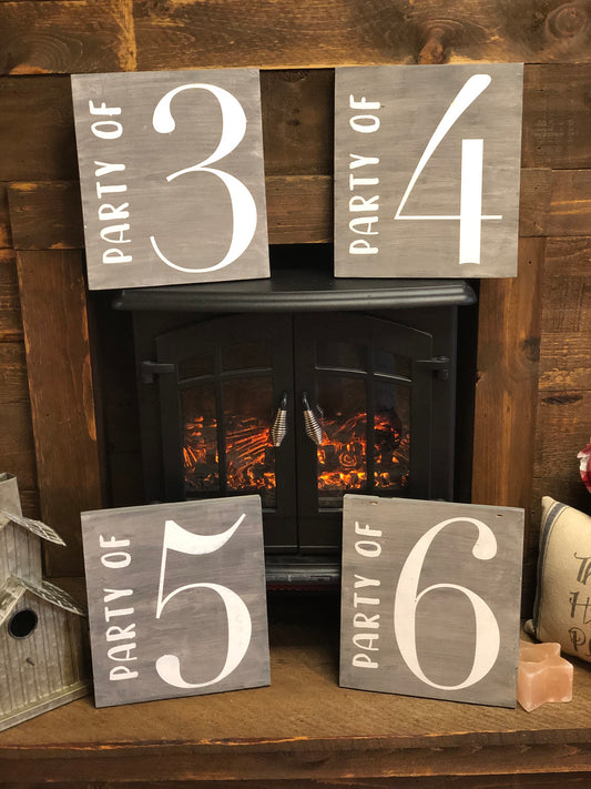 Distressed gray "Party of..." sign with white lettering. Choose your number along with your color! They also look great with black background with white lettering.