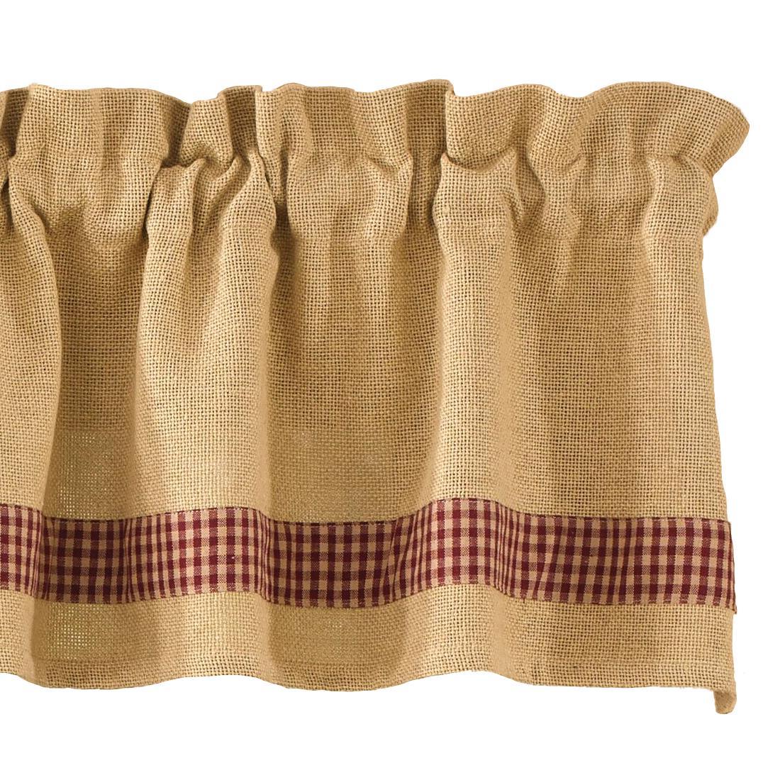 Colors: Barn Red & Khaki Tan Valance. Dimensions: 72"W x 14"L. 100% cotton burlap