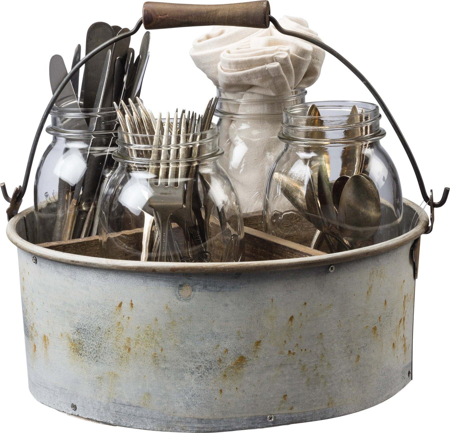 Forks, knives, spoons & napkins inside a distressed metal caddy with four wooden section dividers and top wooden handle is perfect for organizing or decorating.