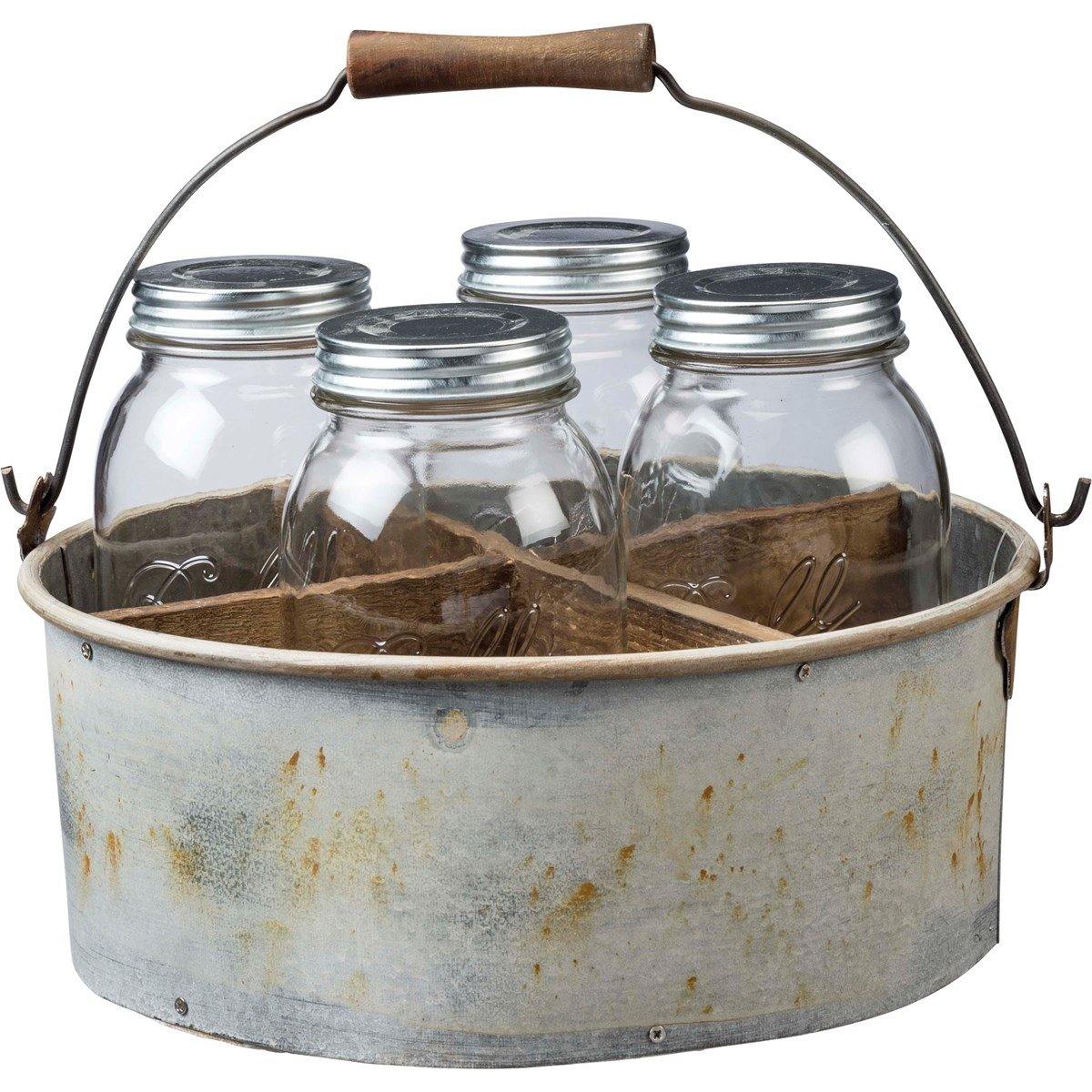 Mason jars held inside a distressed metal caddy with four wooden section dividers and top wooden handle is perfect for organizing or decorating.