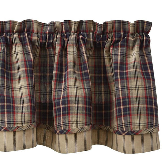 Handsome rich tones of navy, dark red and khaki green are woven into the back drop of a farmhouse tan to create the plaid in the Deep River Lined Layered Valance.