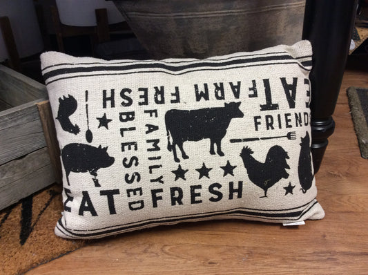 rustic double-sided pillow featuring "There Is Always Something To Be Thankful For" and "Friends -Eat - Farm Fresh - Family - Blessed - Fresh" sentiments, and stripe and farm animal designs.