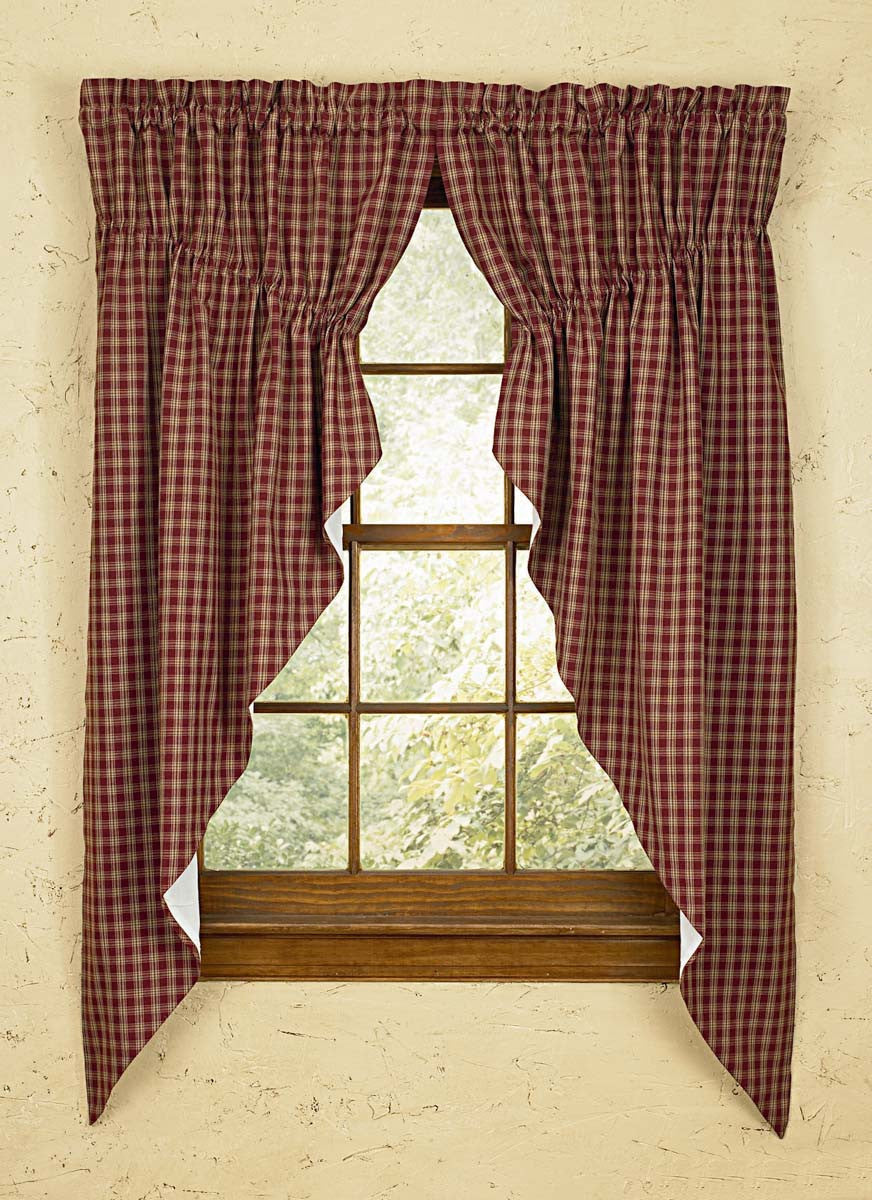 Prairie Gathered Curtains offer a classic homespun plaid pattern in a lovely wine & farmhouse tan! The edges fall softly below the gathered fabric, creating a beautiful frame for any window