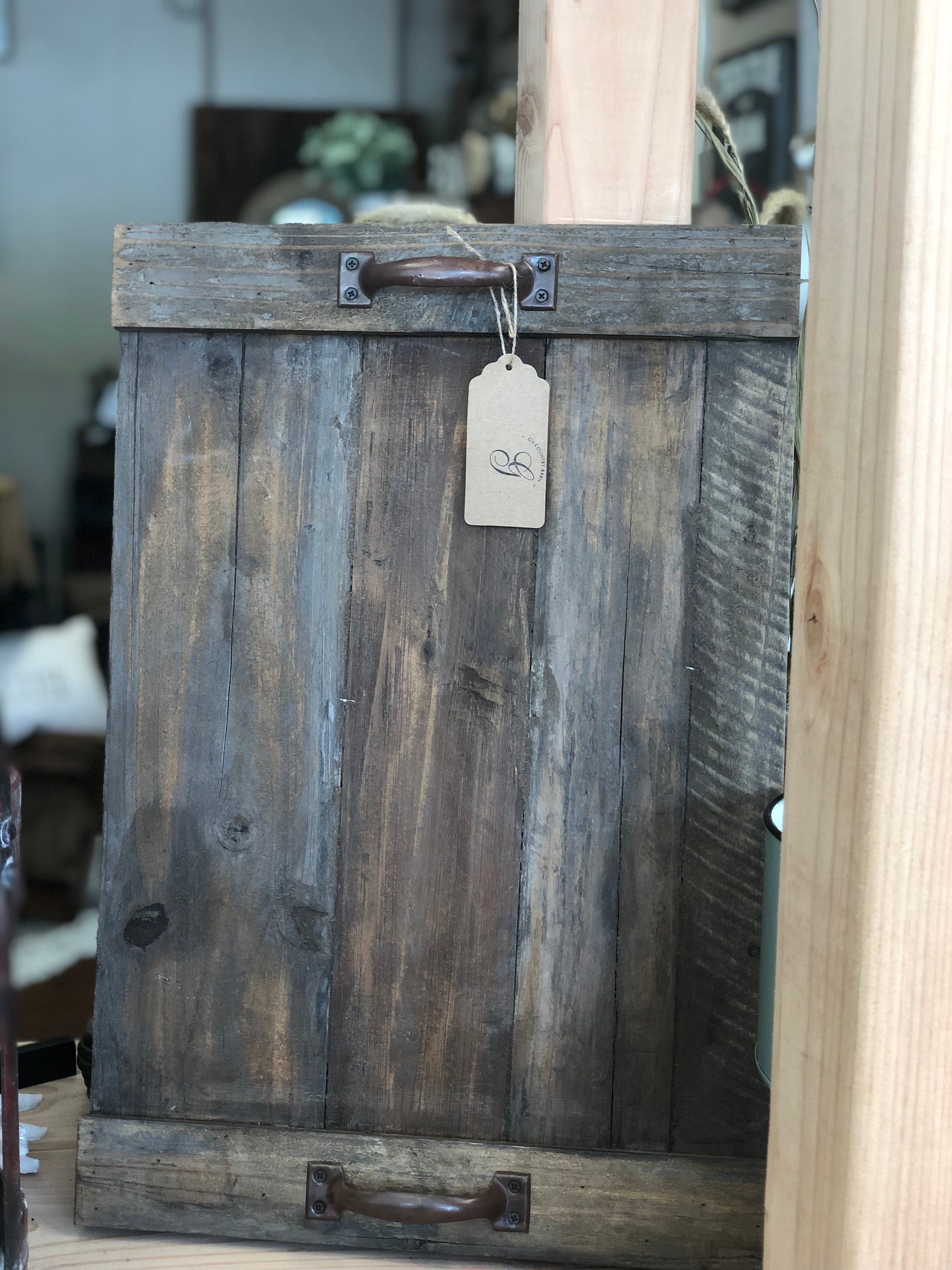 Rustic Wooden Tray accented with metal detailed handles. Very Rustic and vintage look