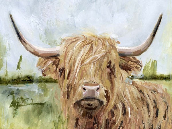 This picture is great for any cow lover!  Shaggy hair covers this cow's eyes and all you can see is his nose and horns with an abstractly painted background behind him