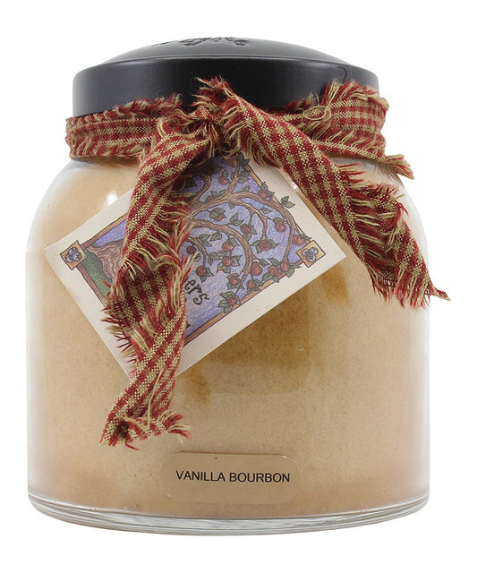 Vanilla Bourbon 34-ounce Papa jar candle burns for approximately 155 hours.