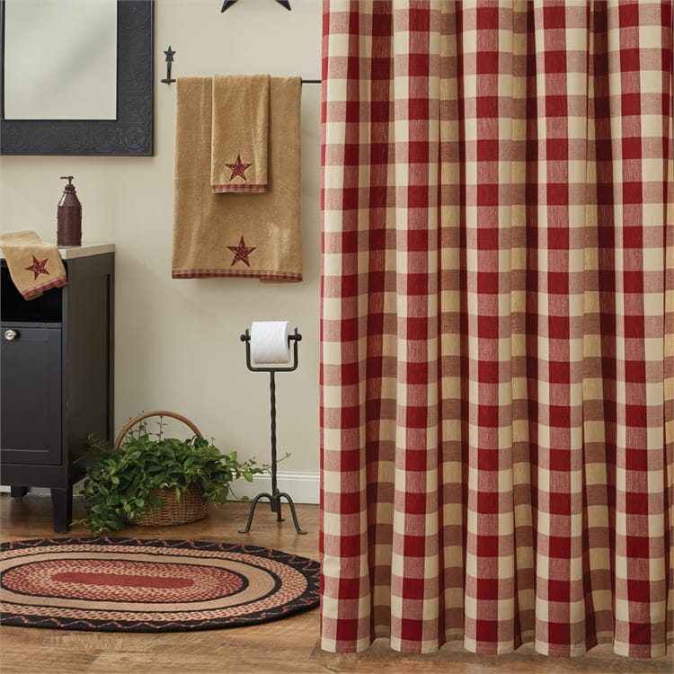 For a soft, uncomplicated appeal in your bathroom, try this Wicklow Shower Curtain! This garnet & tan blends beautifully 