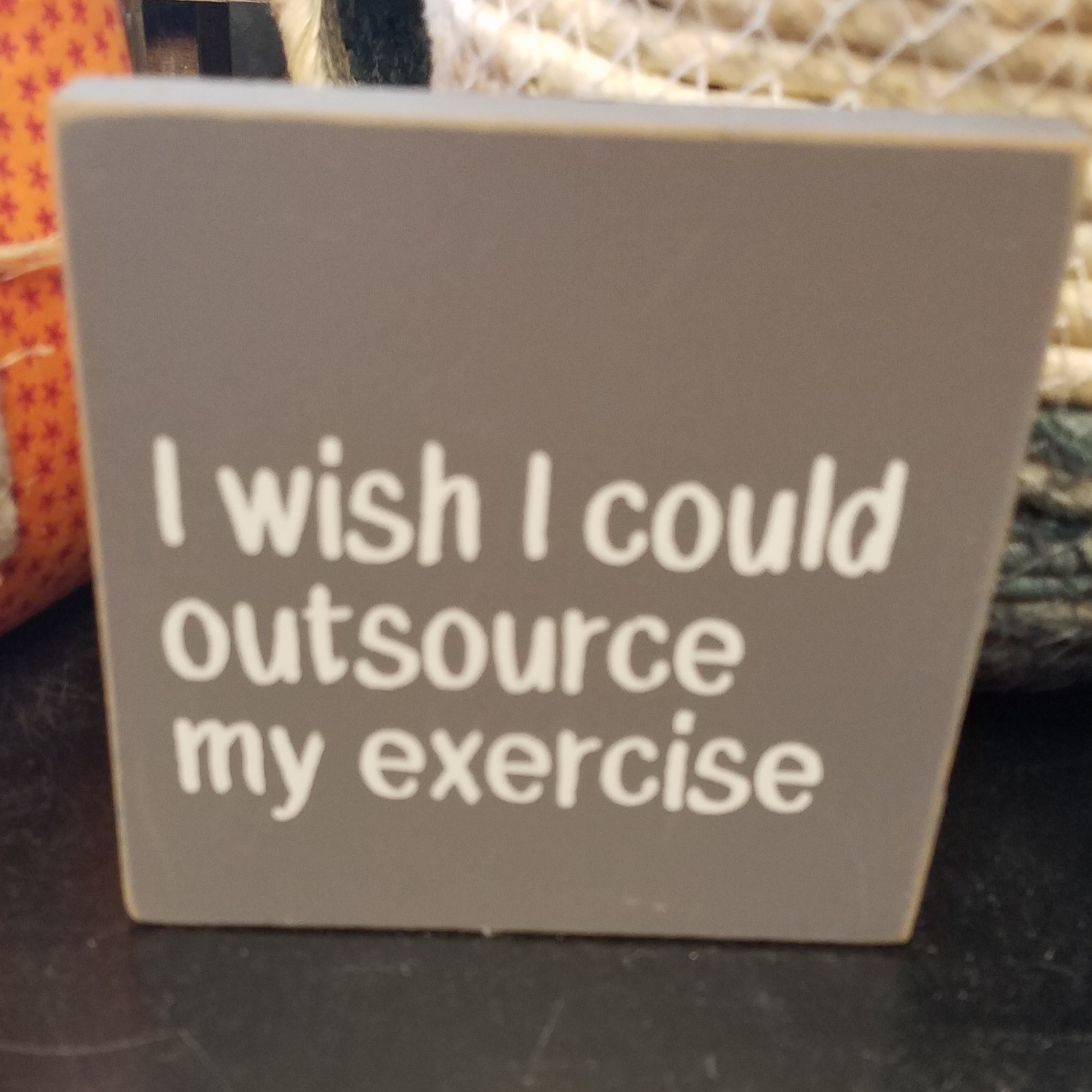 Gray sign with white lettering that reads, "I wish I could outsource my exercise"