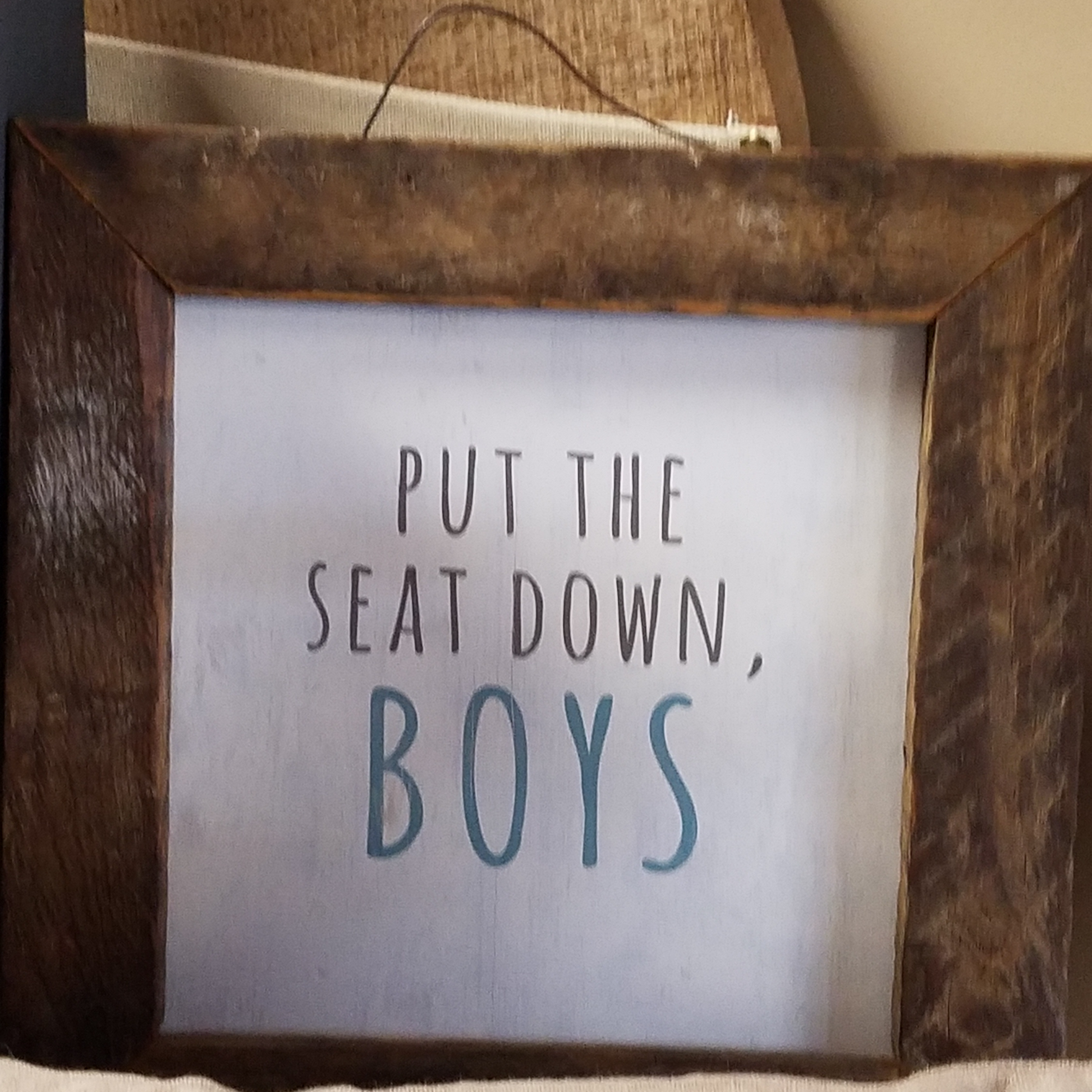 This picture is called "Put the Seat Down". The print unframed measures 9" x 9". Shopping for someone with boys or husbands? This humorous print is the one for your store!  Print reads, "Put the seat down, Boys." 