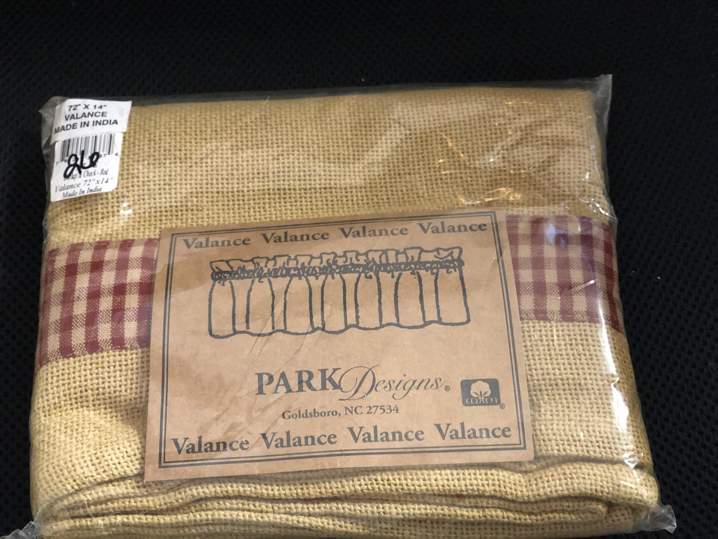 Colors: Barn Red & Khaki Tan Valance. Dimensions: 72"W x 14"L. 100% cotton burlap